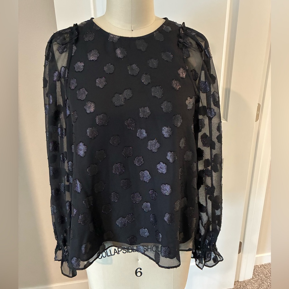CeCe Black Sheer Sleeves Floral Metallic Blouse